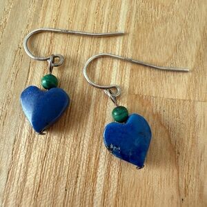 925 Sterling silver blue heart dangle earrings on hooks